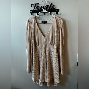 Oak & Trellis Deep V-Neck Long Sleeve Pleated Mini Dress - Beige